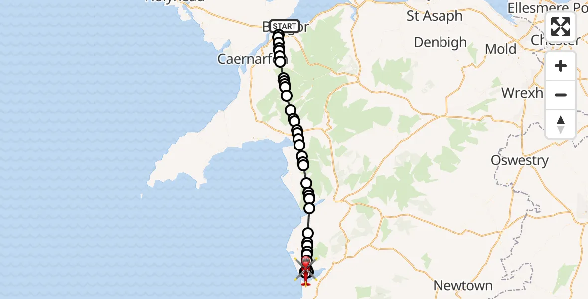 Flight route Air Ambulance Helicopter Bangor - Aberdyfi, 30 May 2026, 15:26