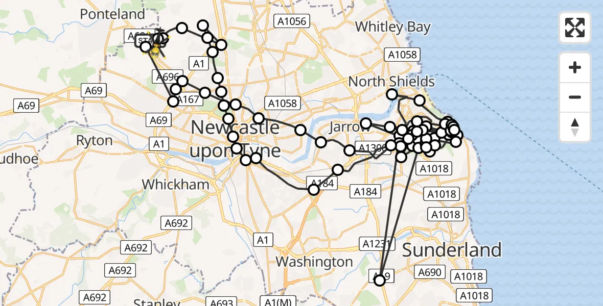 Flight route Police Helicopter Newcastle International Airport - Woolsington, 30 May 2026, 15:27