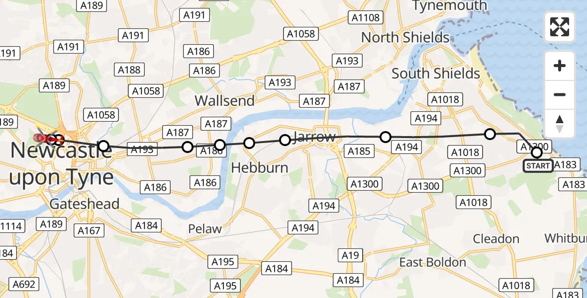 Flight route Air Ambulance Helicopter Whitburn - Newcastle Royal Victoria Infirmary, 30 May 2026, 16:10