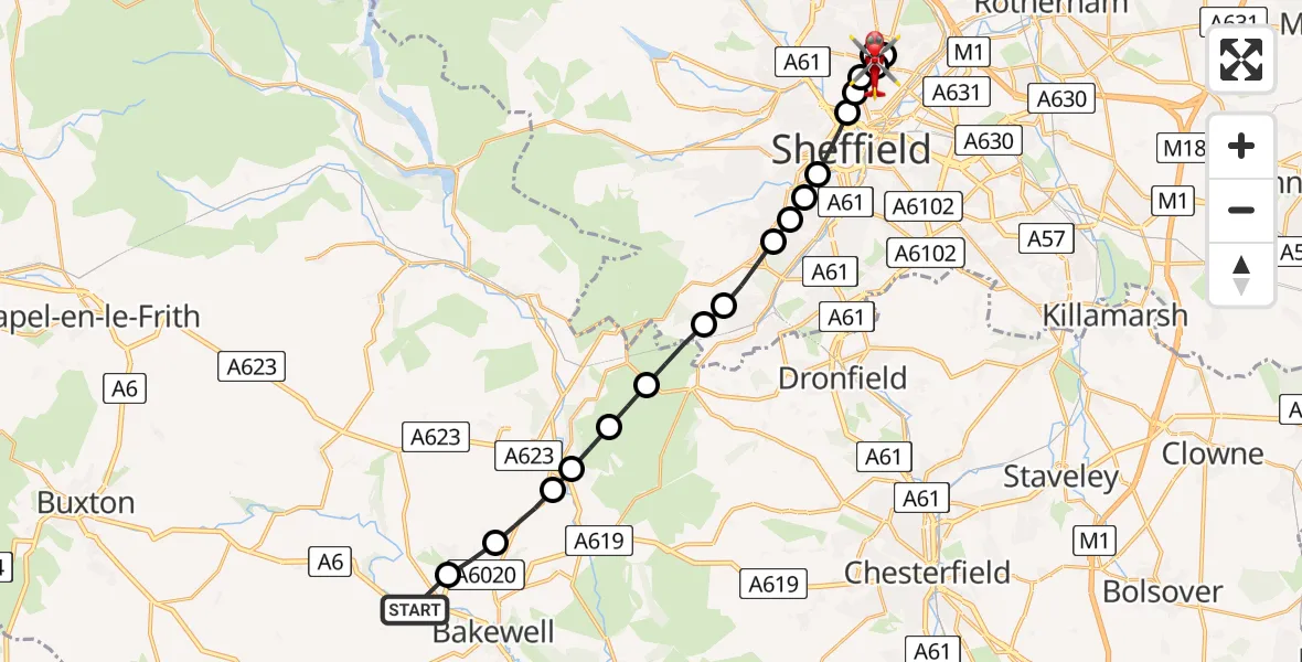 Flight route Air Ambulance Helicopter Ashford in the Water CP - Sheffield Northern Hospital, 30 May 2026, 16:10