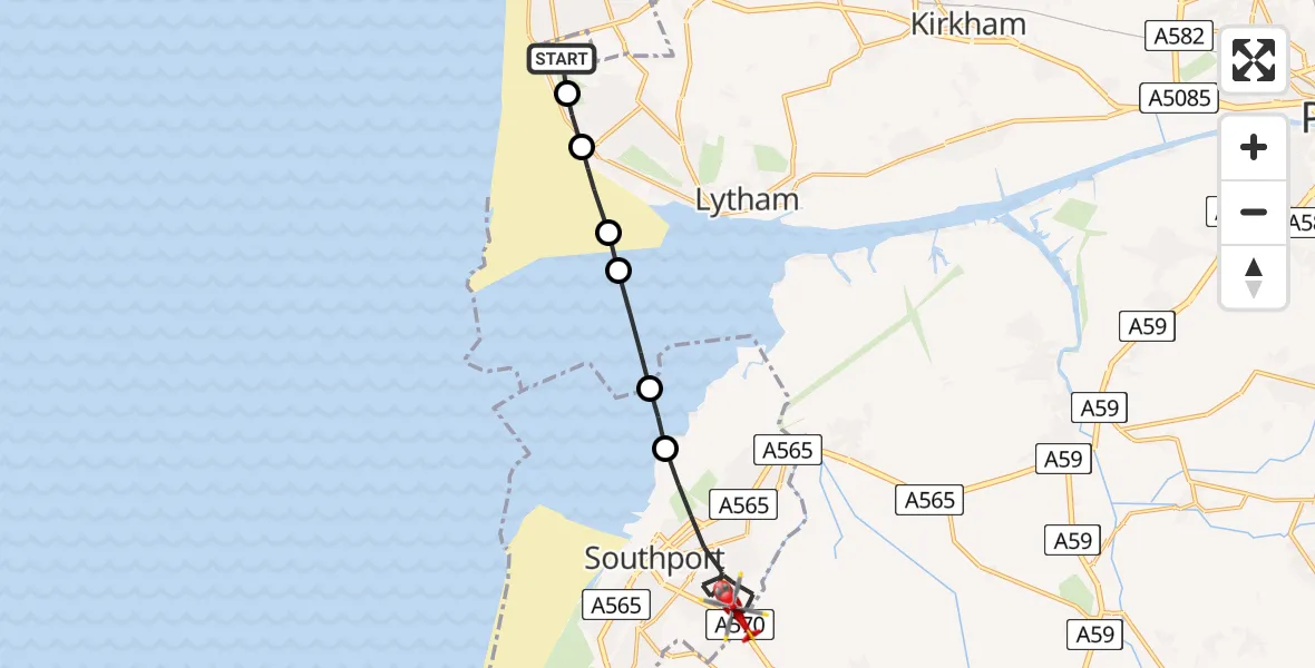 Flight route Air Ambulance Helicopter Blackpool Airport - Southport, 30 May 2026, 16:16