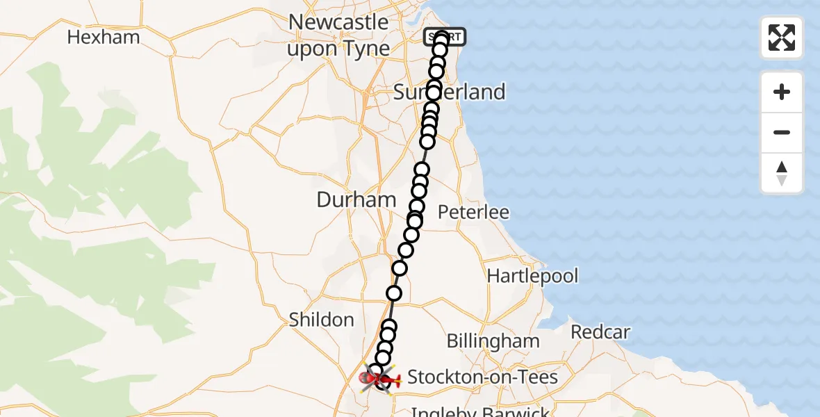 Flight route Air Ambulance Helicopter South Shields - Barmpton, 30 May 2026, 16:20