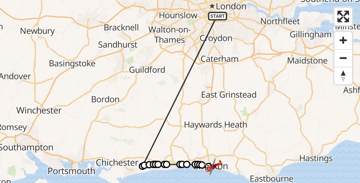 Flight route Air Ambulance Helicopter Kings College London Hospital - Brighton, 30 May 2026, 16:21