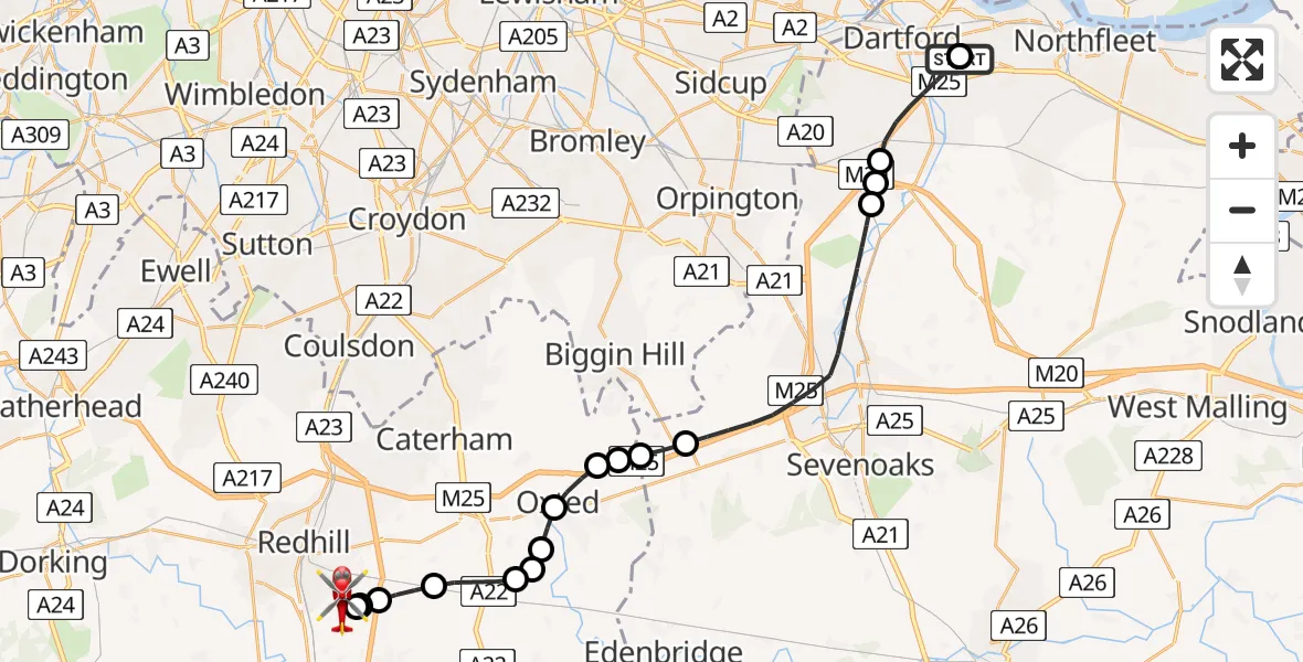 Flight route Air Ambulance Helicopter Darent Valley Hospital - Redhill Aerodrome, 30 May 2026, 16:23