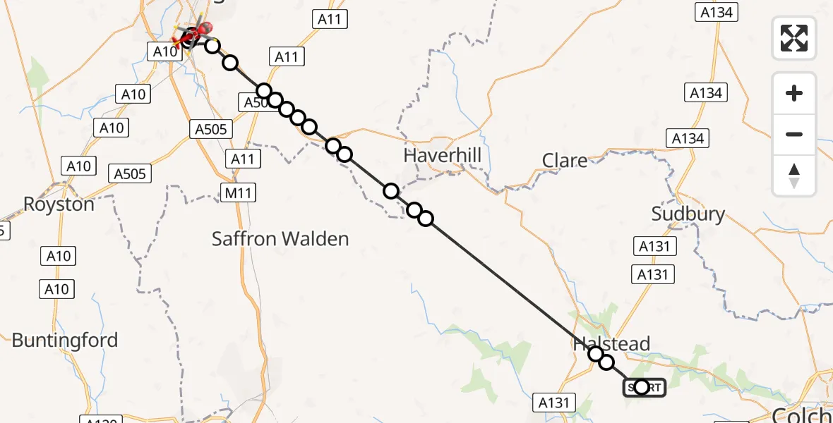 Flight route Air Ambulance Helicopter Earls Colne Airfield - Papworth Hospital, 30 May 2026, 16:29