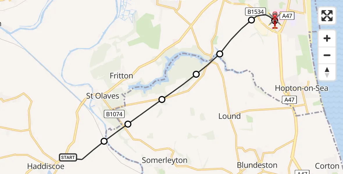 Flight route Air Ambulance Helicopter Haddiscoe - James Paget Hospital, 30 May 2026, 16:31