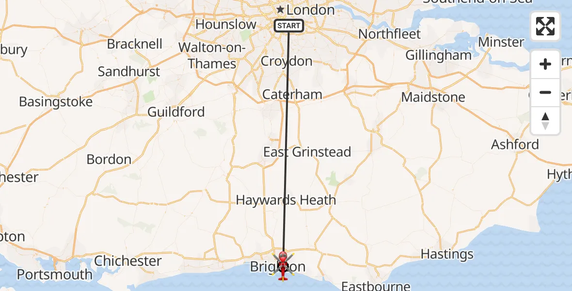 Flight route Air Ambulance Helicopter Kings College London Hospital - Brighton, 30 May 2026, 16:33