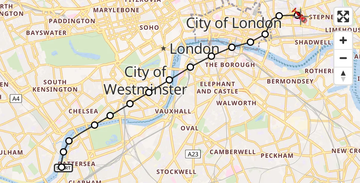 Flight route Air Ambulance Helicopter London Heliport - Royal London Hospital, 30 May 2026, 16:34