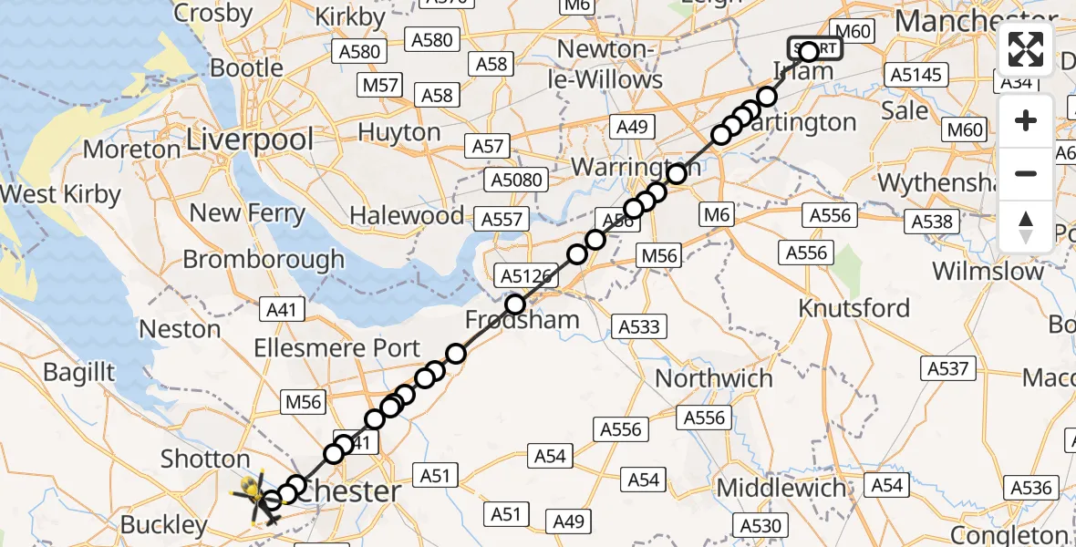 Flight route Police Helicopter Irlam - Saltney Ferry, 30 May 2026, 16:35