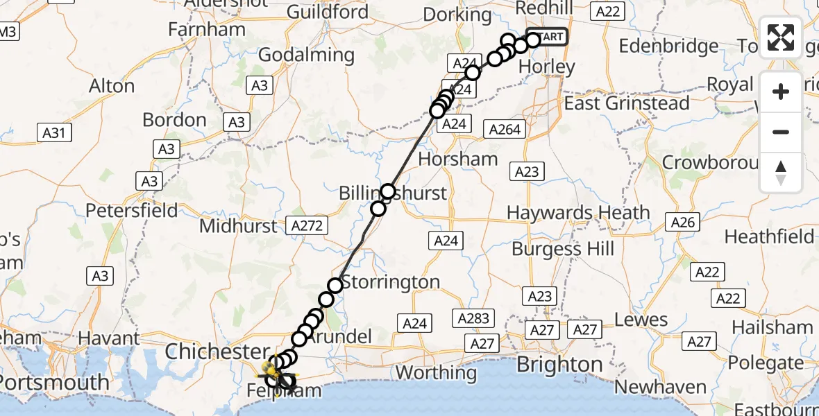 Flight route Police Helicopter Salfords - Bognor Regis Lec Airfield, 30 May 2026, 16:41