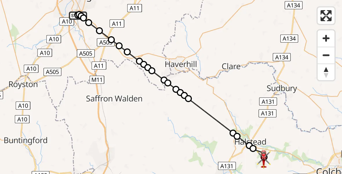 Flight route Air Ambulance Helicopter Papworth Hospital - Earls Colne Airfield, 30 May 2026, 16:48