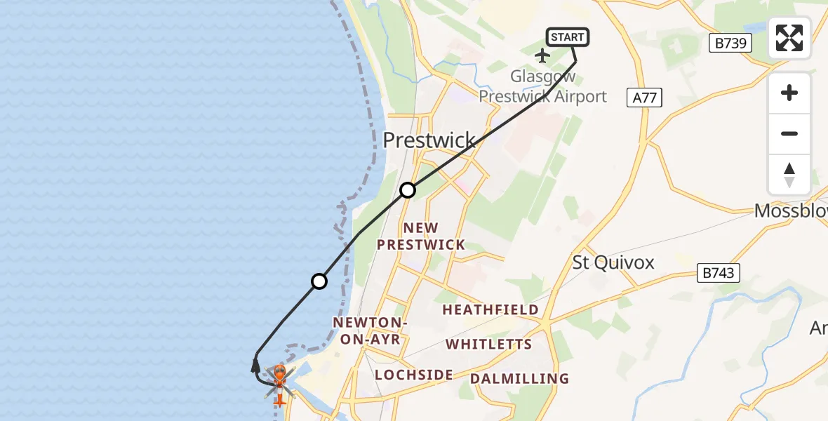 Flight route Coastguard Helicopter Glasgow Prestwick Airport - Ayr, 30 May 2026, 16:55