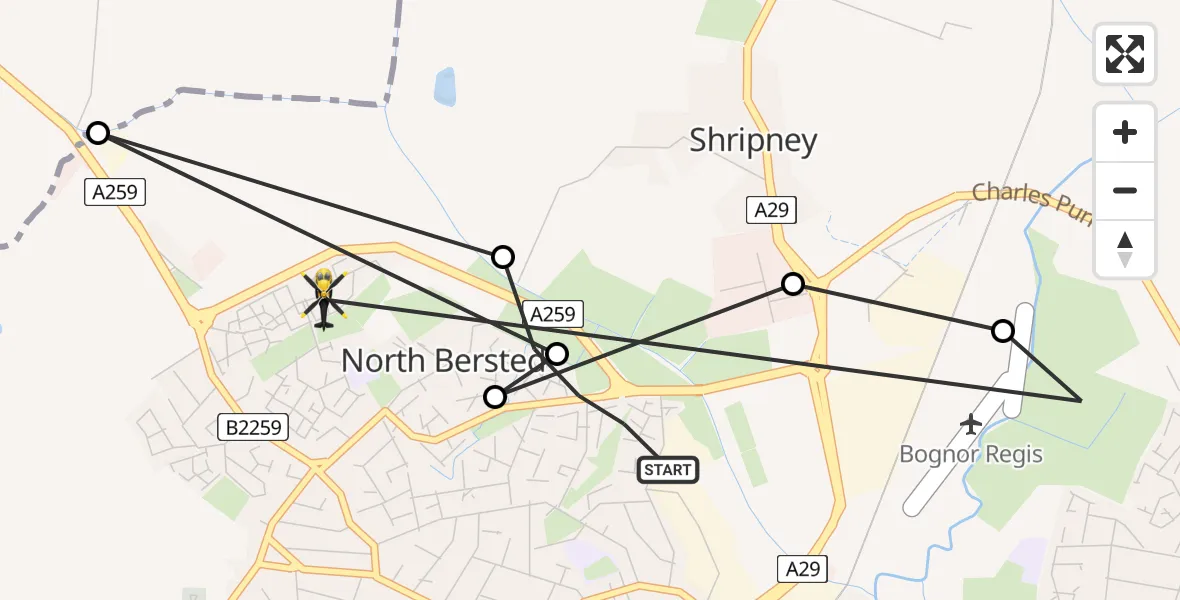 Flight route Police Helicopter Shripney - North Bersted, 30 May 2026, 17:02