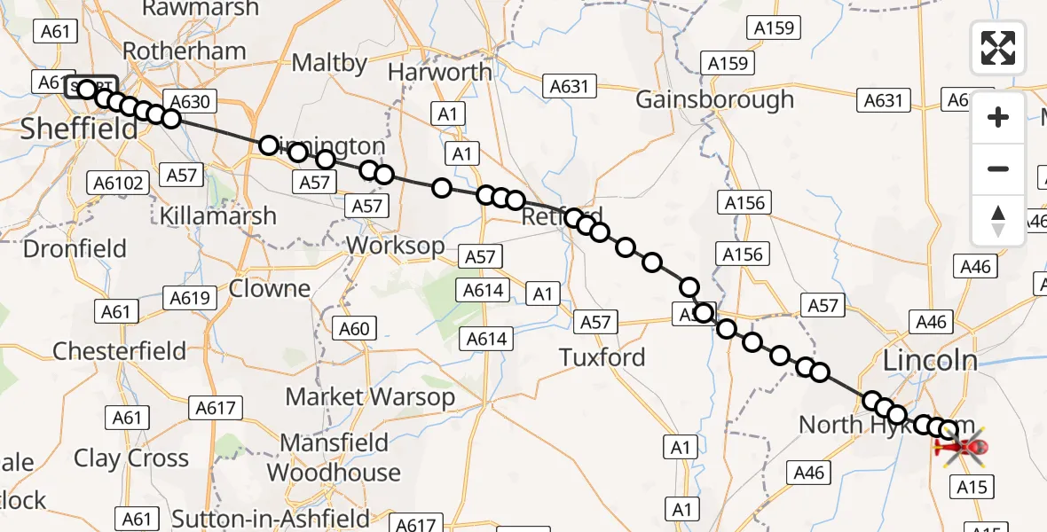 Flight route Air Ambulance Helicopter Sheffield Northern Hospital - North Kesteven, 30 May 2026, 17:03