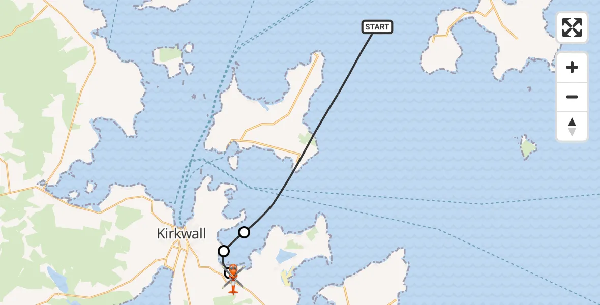 Flight route Coastguard Helicopter North Atlantic Ocean - Kirkwall Airport, 30 May 2026, 17:04