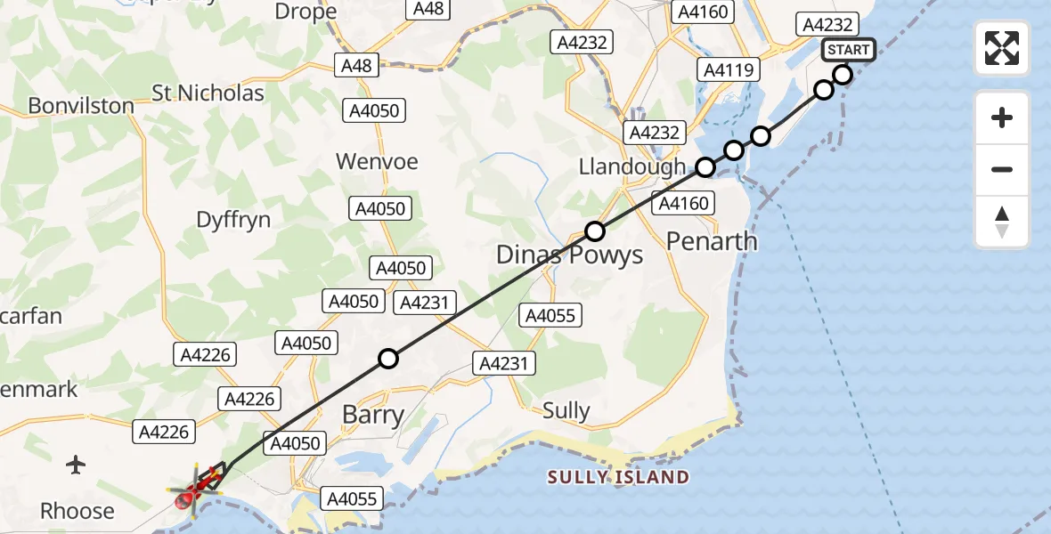 Flight route Air Ambulance Helicopter Cardiff Heliport - Barry, 30 May 2026, 17:05