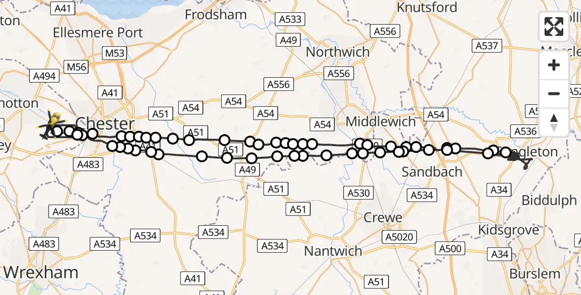 Flight route Police Helicopter Hawarden Airport - Hawarden Airport, 30 May 2026, 17:07
