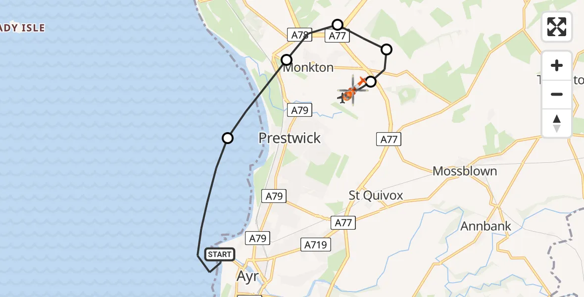Flight route Coastguard Helicopter Ayr - Glasgow Prestwick Airport, 30 May 2026, 17:12