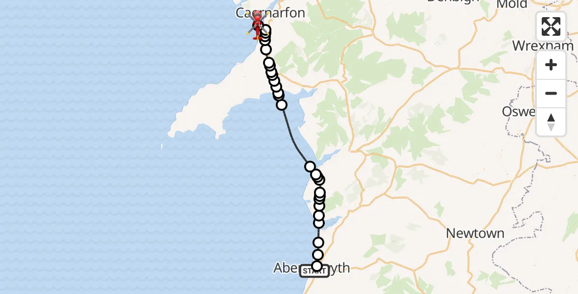 Flight route Air Ambulance Helicopter Aberystwyth - Caernarfon Airport, 30 May 2026, 17:14