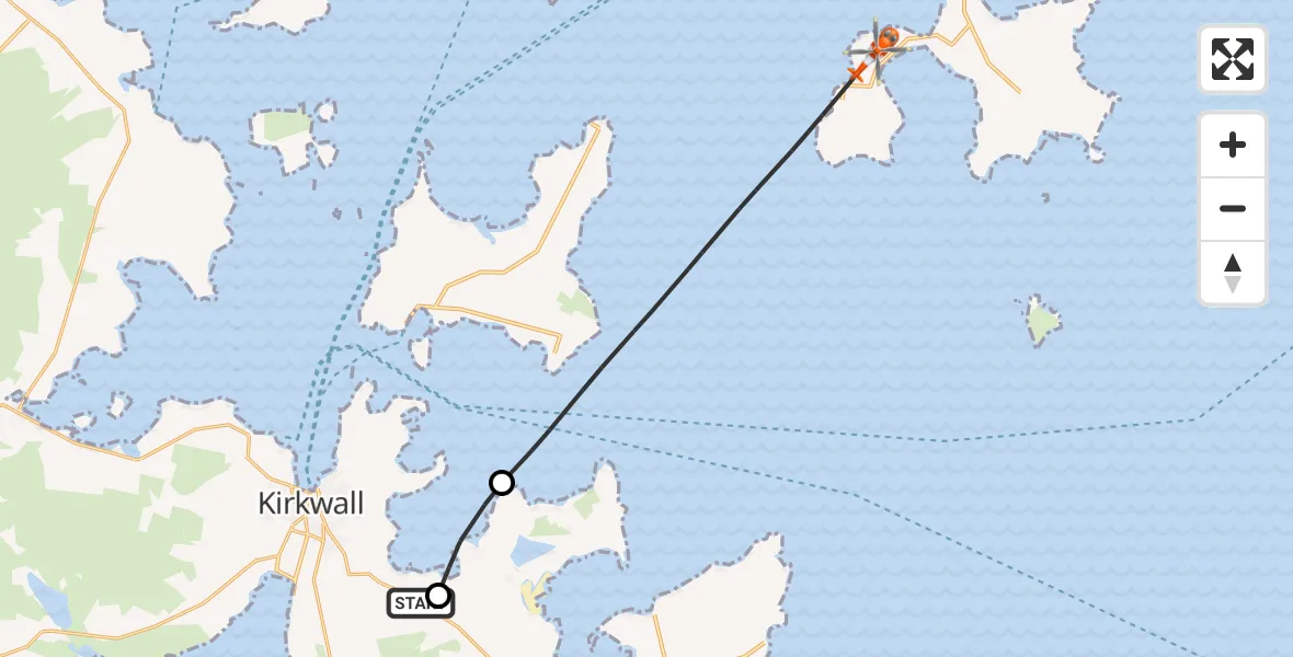 Flight route Coastguard Helicopter Kirkwall Airport - North Atlantic Ocean, 30 May 2026, 17:16