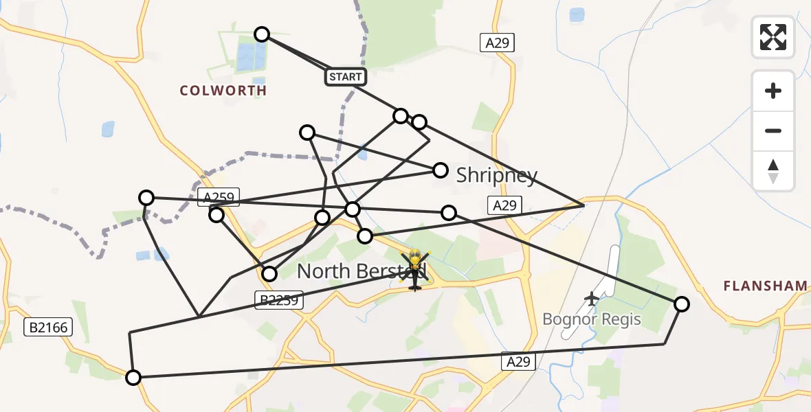 Flight route Police Helicopter Chichester - Shripney, 30 May 2026, 17:19