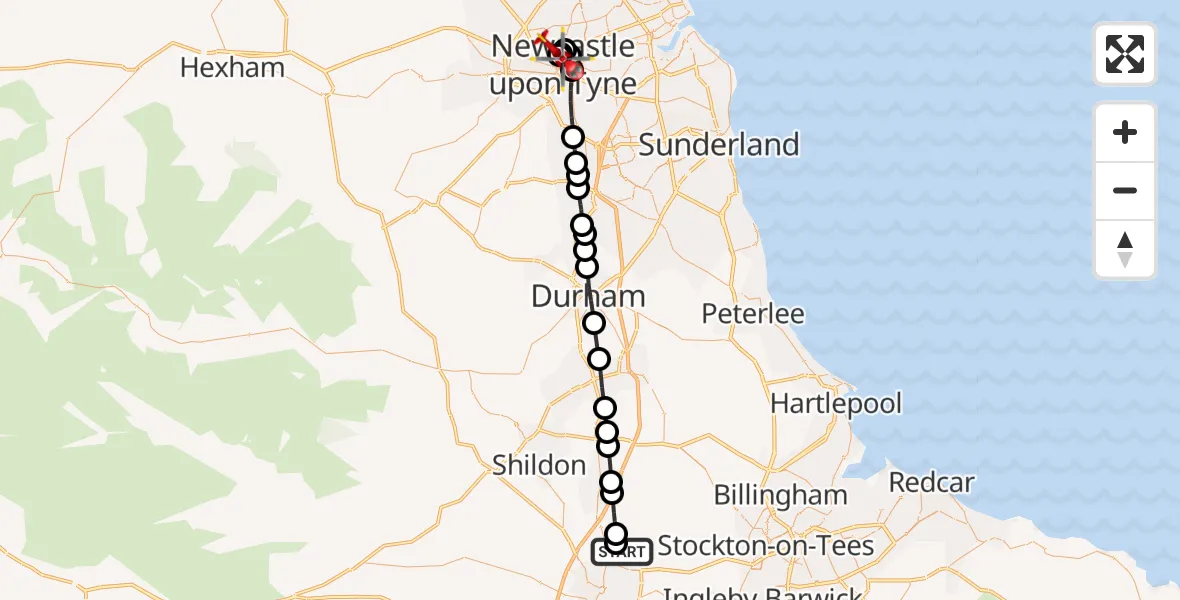 Flight route Air Ambulance Helicopter Barmpton - Newcastle Royal Victoria Infirmary, 30 May 2026, 17:34