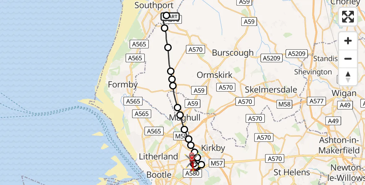 Flight route Air Ambulance Helicopter Southport - Aintree University Hospital Heliport, 30 May 2026, 17:35