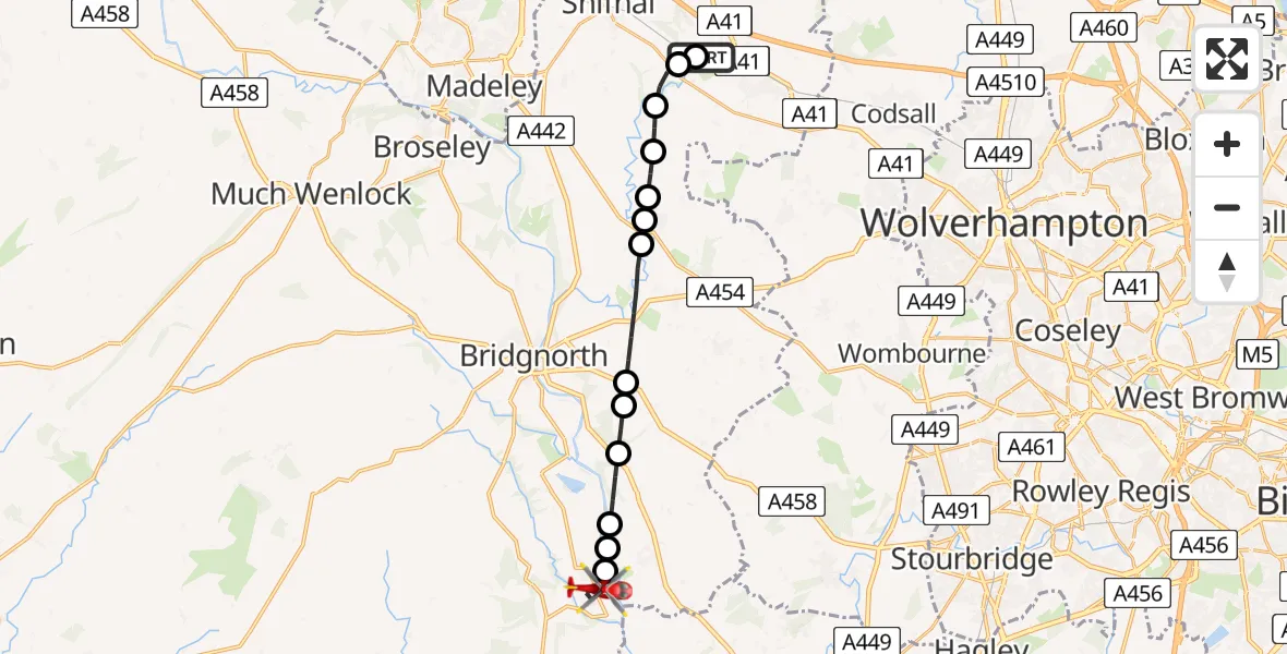 Flight route Air Ambulance Helicopter RAF Cosford - Highley, 30 May 2026, 17:38