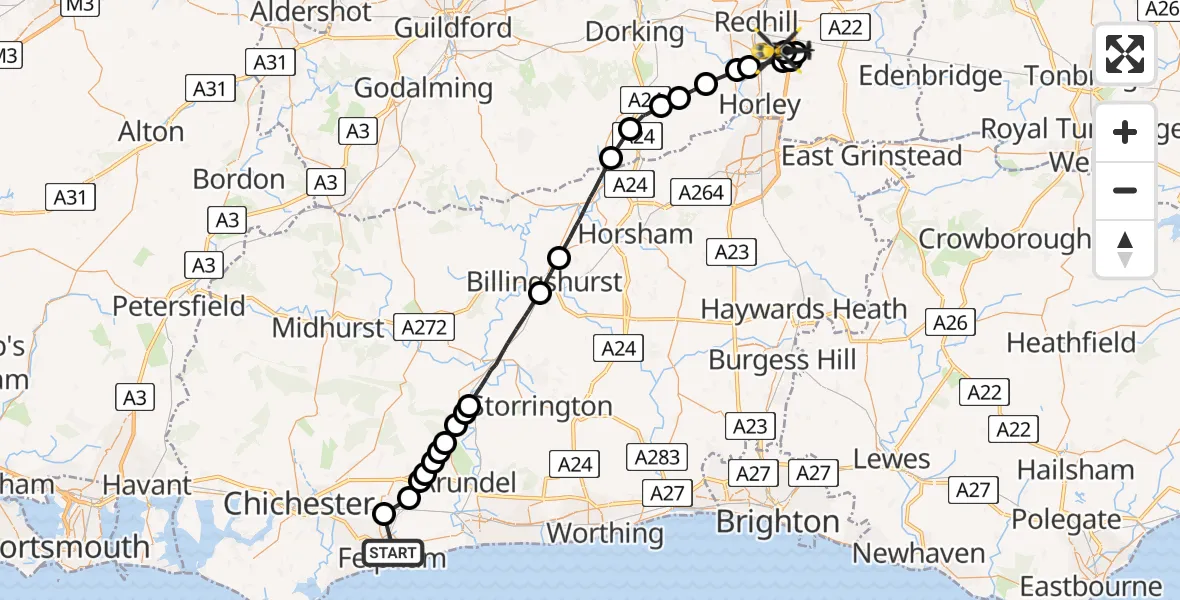 Flight route Police Helicopter Felpham - Tandridge, 30 May 2026, 17:40
