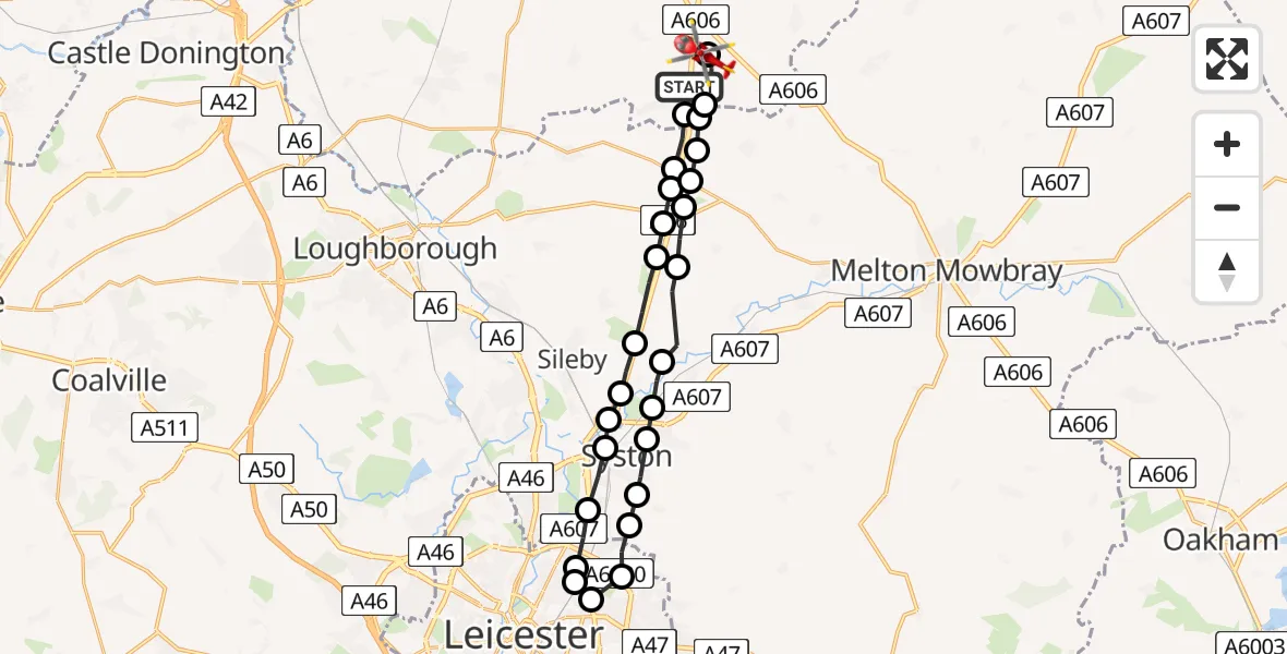 Flight route Air Ambulance Helicopter Willoughby on the Wolds - Nottingham Heliport, 30 May 2026, 17:51