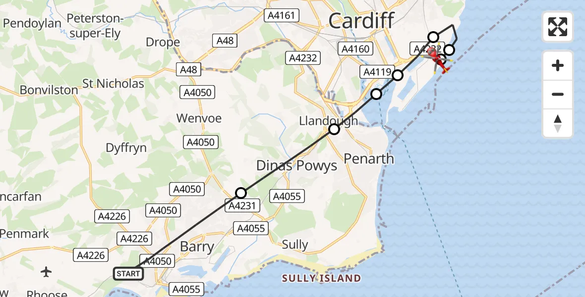 Flight route Air Ambulance Helicopter Barry - Cardiff Heliport, 30 May 2026, 17:53