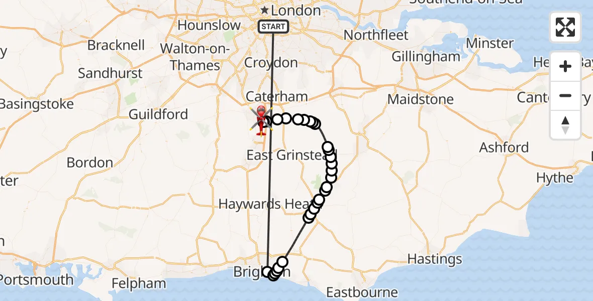 Flight route Air Ambulance Helicopter Kings College London Hospital - Redhill Aerodrome, 30 May 2026, 17:54