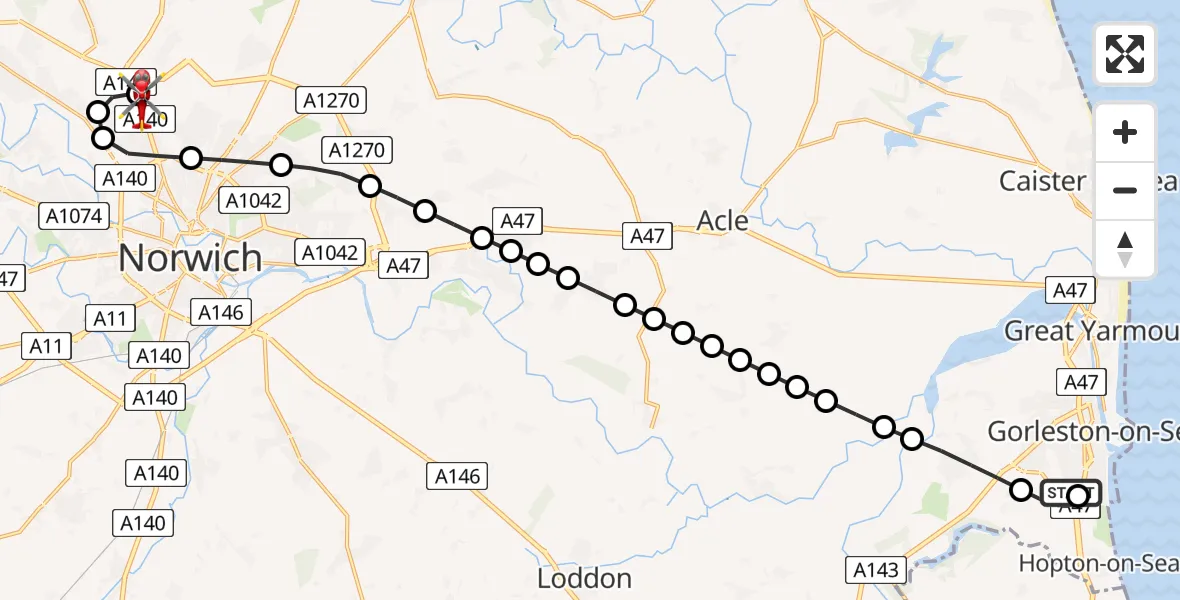 Flight route Air Ambulance Helicopter James Paget Hospital - Norwich Airport, 30 May 2026, 17:56