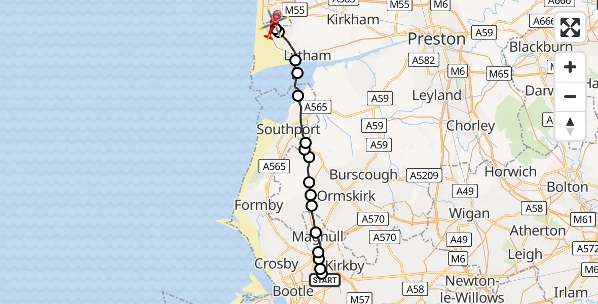 Flight route Air Ambulance Helicopter Aintree University Hospital Heliport - Blackpool Airport, 30 May 2026, 18:13