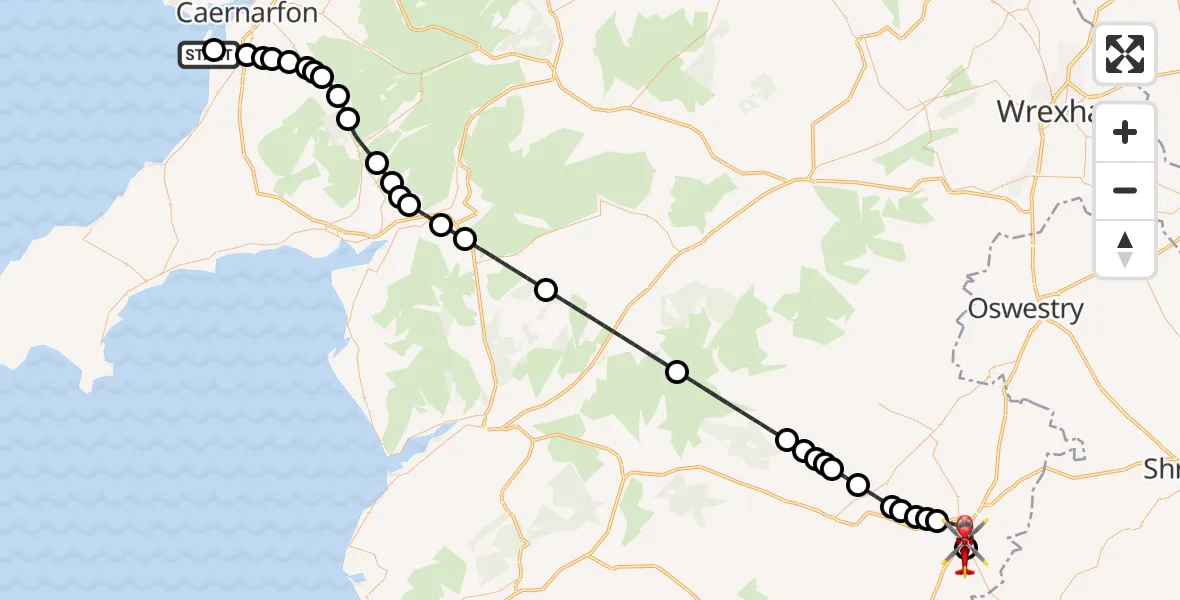 Flight route Air Ambulance Helicopter Caernarfon Airport - Welshpool Airport, 30 May 2026, 18:17