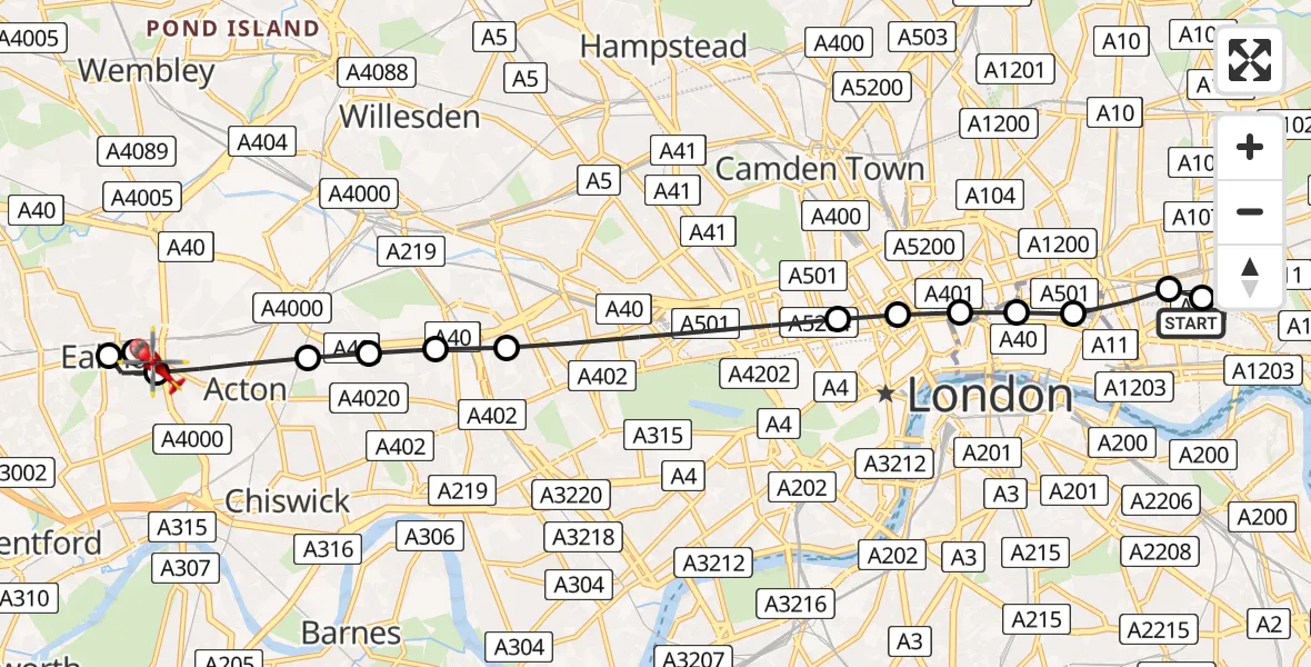 Flight route Air Ambulance Helicopter Royal London Hospital - Ladwa Dental Practice, 30 May 2026, 18:24