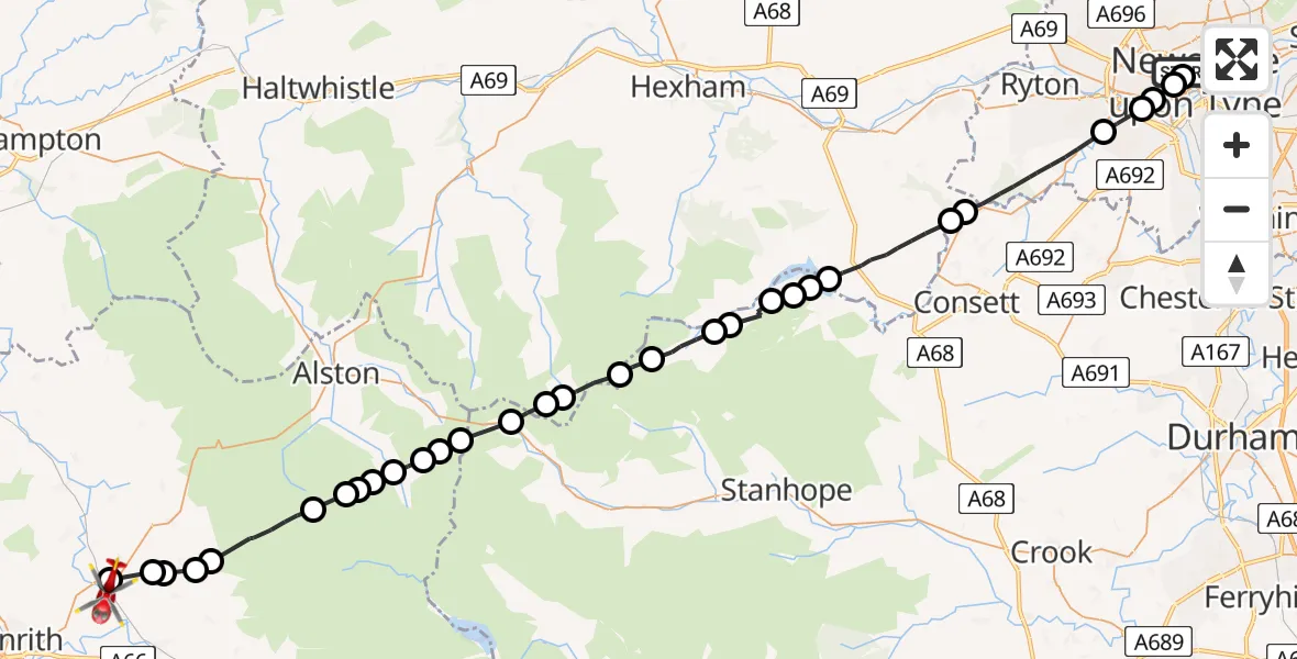 Flight route Air Ambulance Helicopter Newcastle Royal Victoria Infirmary - Langwathby, 30 May 2026, 18:45