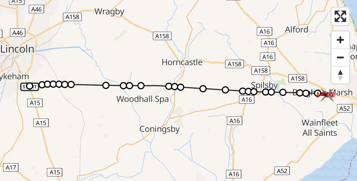 Flight route Air Ambulance Helicopter RAF Waddington - Burgh Le Marsh, 30 May 2026, 18:47