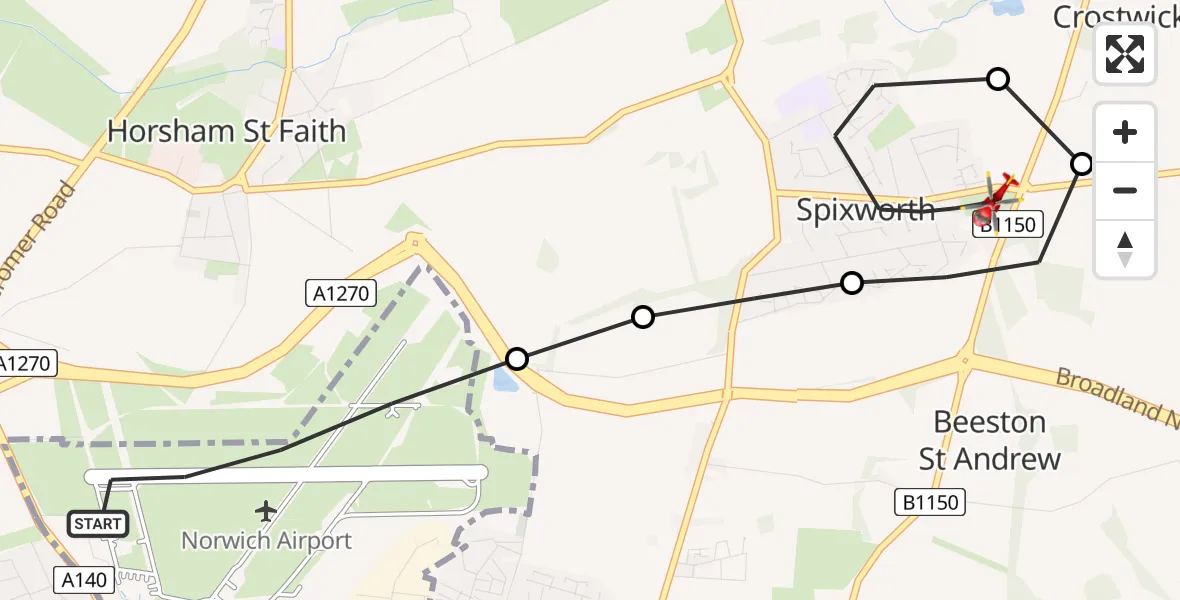 Flight route Air Ambulance Helicopter Norwich Airport - Spixworth, 30 May 2026, 19:03
