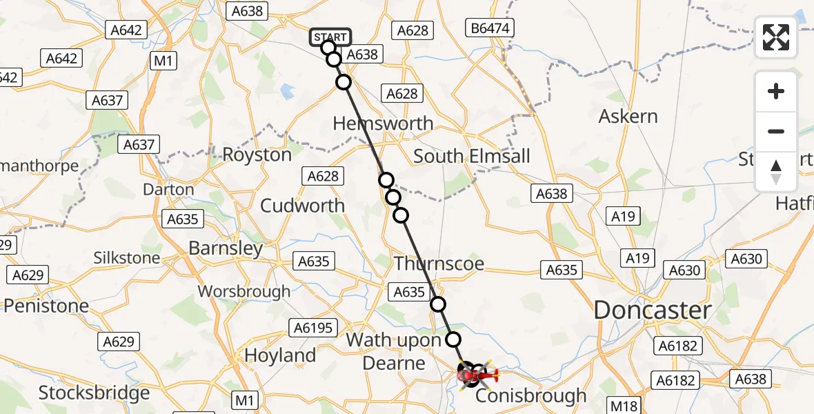 Flight route Air Ambulance Helicopter YAA Nostell Helicopter Port - Old Denaby, 30 May 2026, 19:04