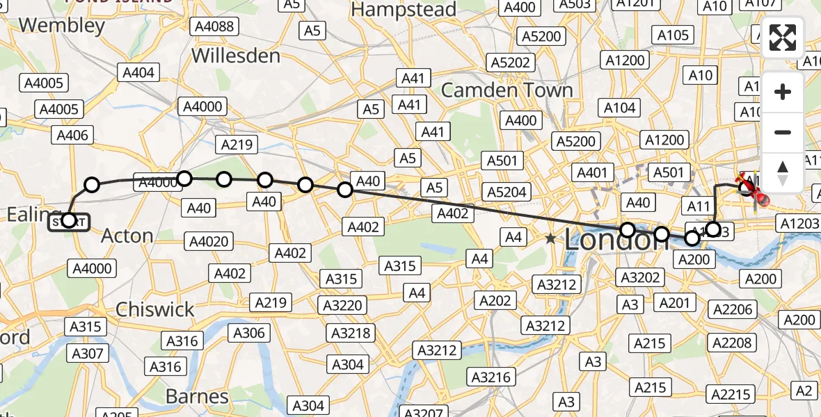 Flight route Air Ambulance Helicopter Ealing - Royal London Hospital, 30 May 2026, 19:04