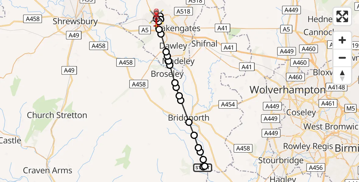 Flight route Air Ambulance Helicopter Highley - Princess Royal Telford Hospital, 30 May 2026, 19:06