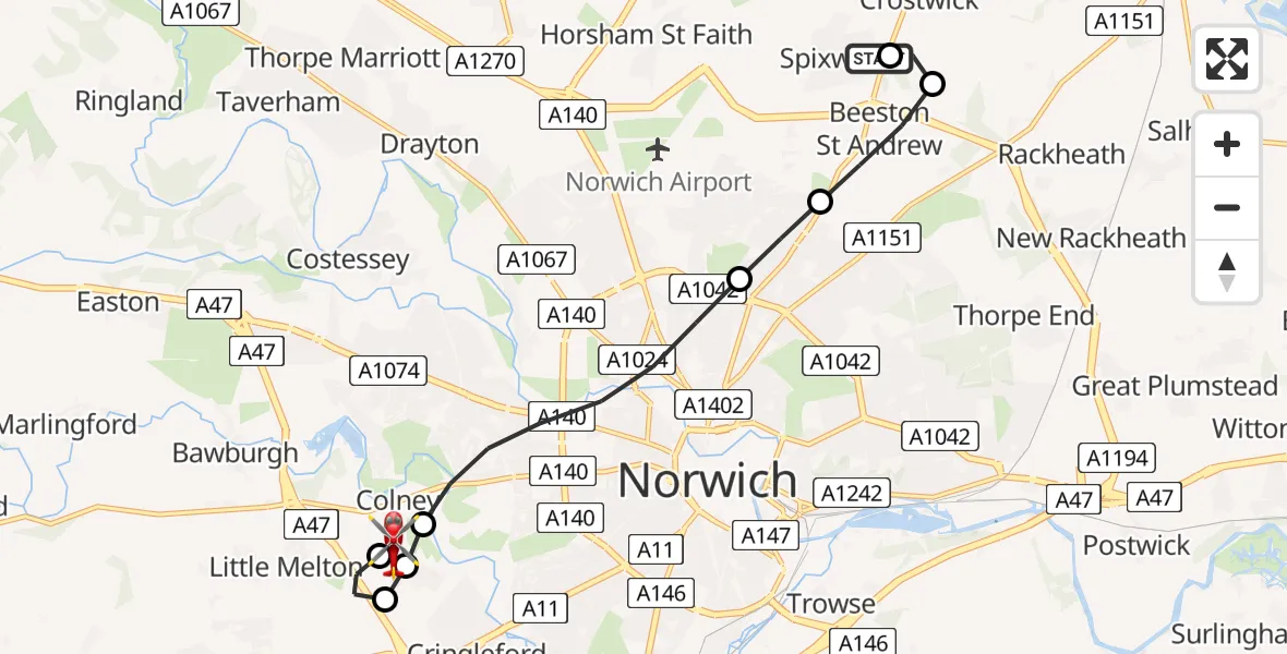 Flight route Air Ambulance Helicopter Spixworth - Norfolk & Norwich Hospital, 30 May 2026, 19:42