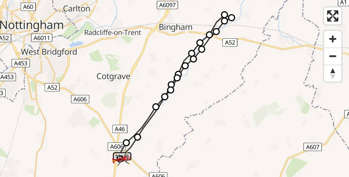 Flight route Air Ambulance Helicopter Hickling - Nottingham Heliport, 30 May 2026, 19:42