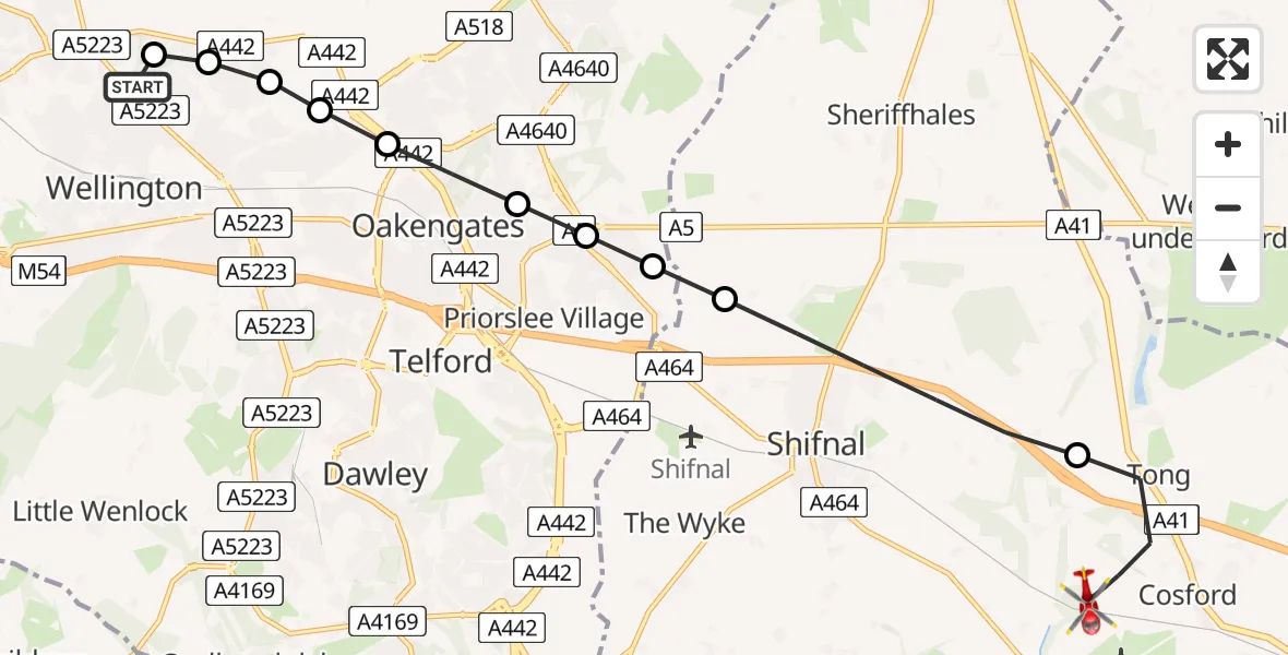 Flight route Air Ambulance Helicopter Princess Royal Telford Hospital - Tong, 30 May 2026, 19:47