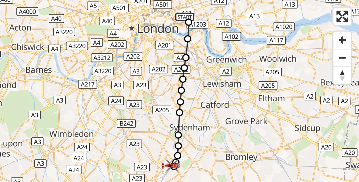 Flight route Air Ambulance Helicopter Royal London Hospital - South Norwood, 30 May 2026, 19:53