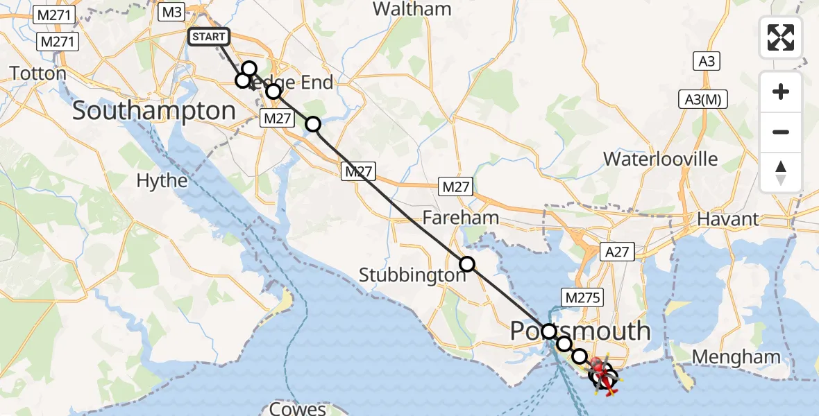 Flight route Air Ambulance Helicopter Mansbridge - Portsmouth, 30 May 2026, 20:05