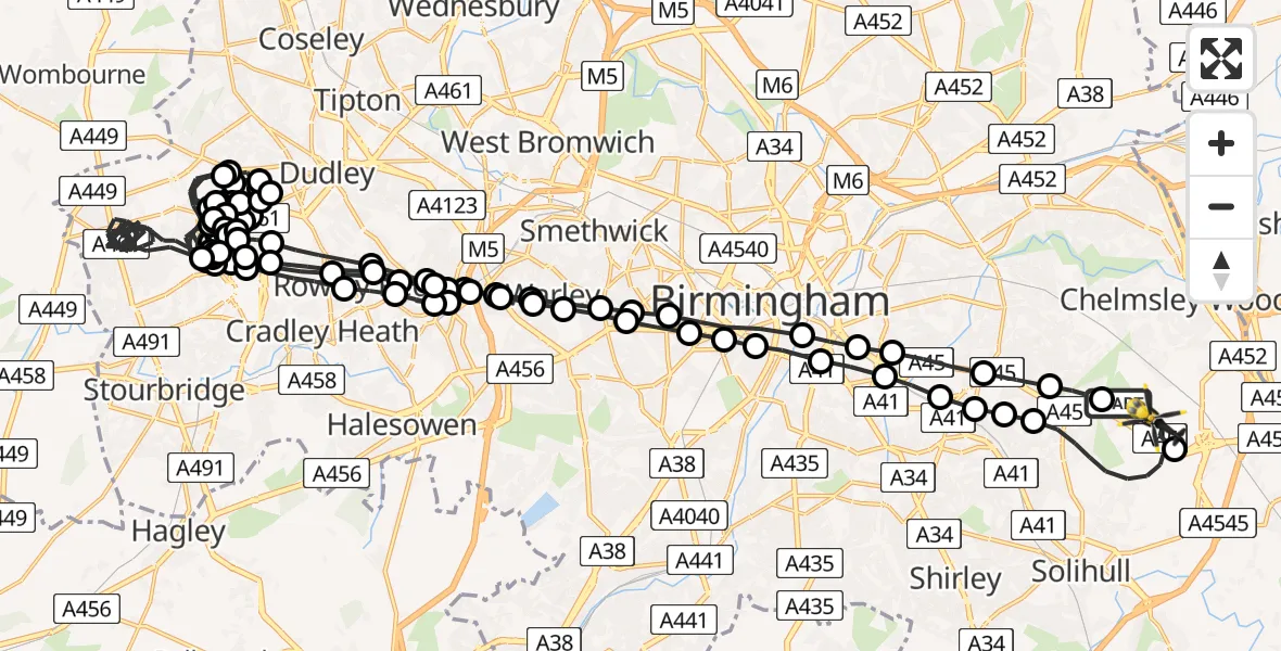 Flight route Police Helicopter Birmingham Airport - Birmingham Airport, 30 May 2026, 20:06