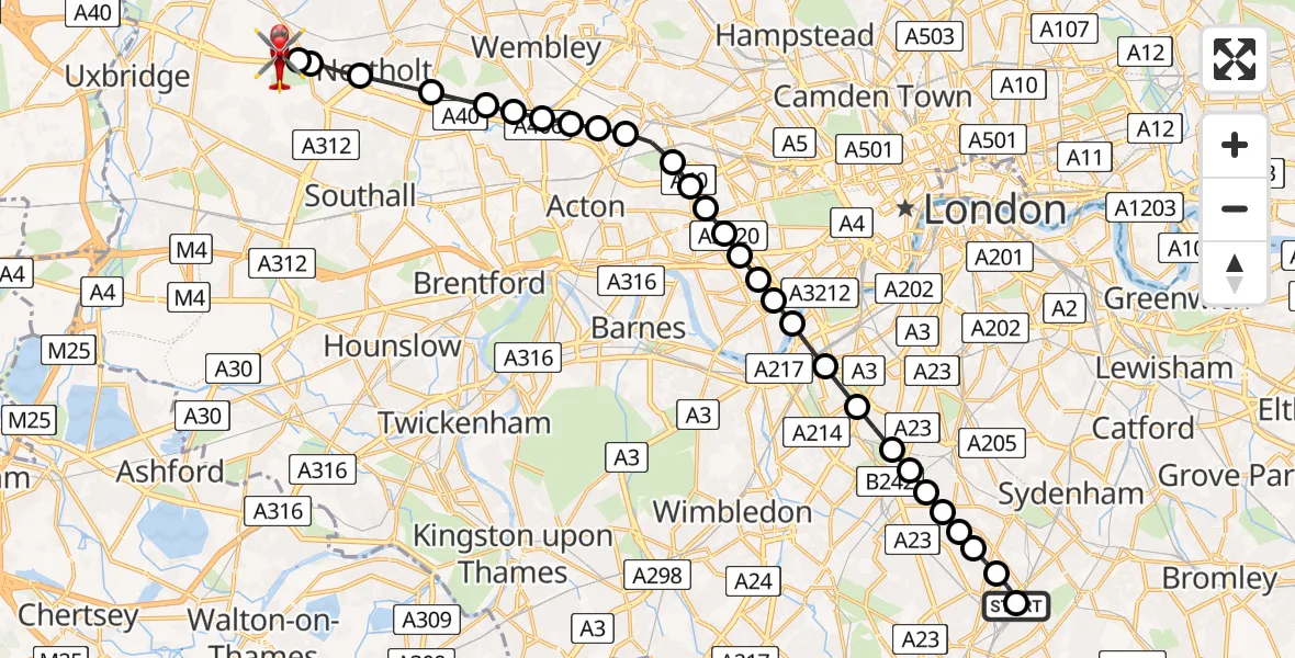 Flight route Air Ambulance Helicopter South Norwood - RAF Northolt, 30 May 2026, 20:13