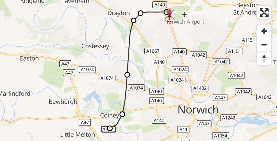 Flight route Air Ambulance Helicopter Norfolk & Norwich Hospital - Norwich Airport, 30 May 2026, 20:32